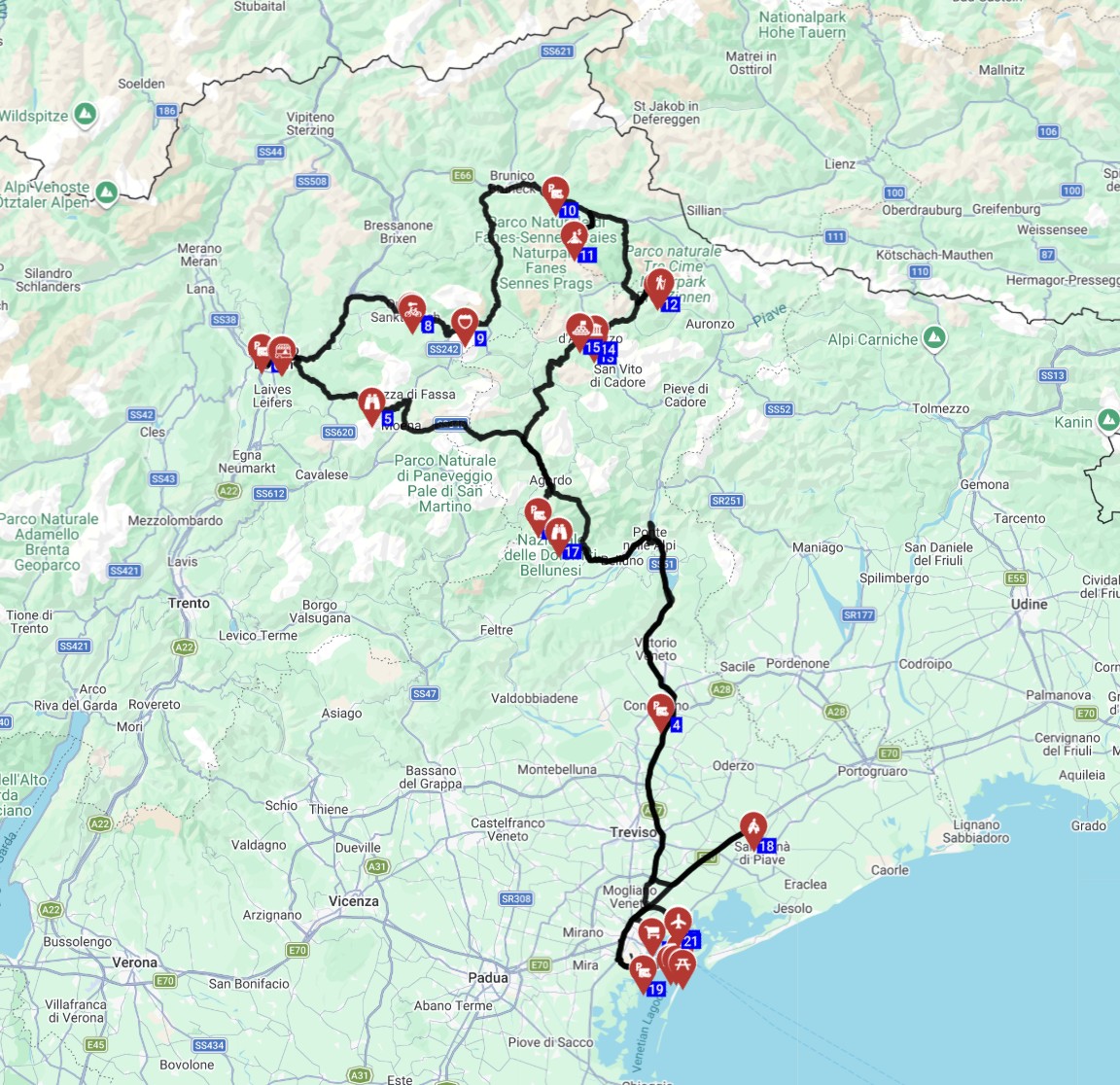 Map for השכרת קרוואן ותכנון מסלול טיול מעגלי מוונציה איטליה